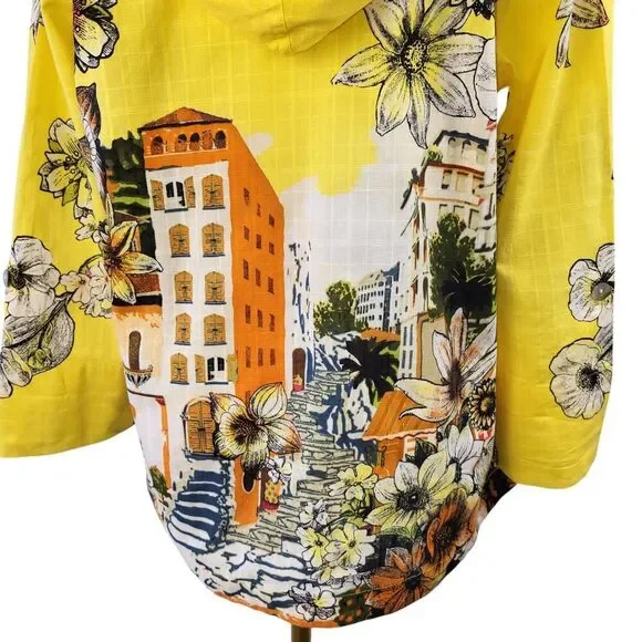 Chico’s Size 1 Medium Yellow Floral 100% Cotton Hoodie Roll Tab Sleeves Pockets - Picture 12 of 14